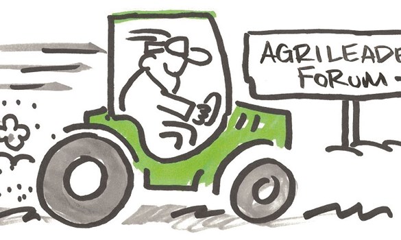 Cartoon drawing of a green tractor with a sign pointing to the AgriLeader Froum